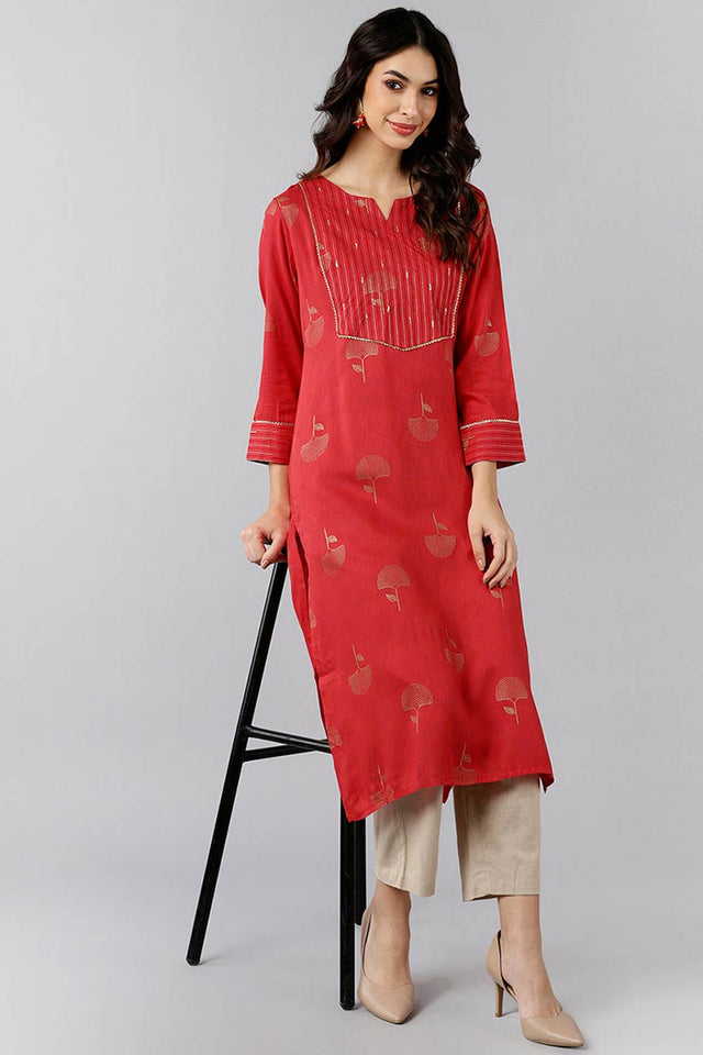 Red Cotton Round Neck Kurti