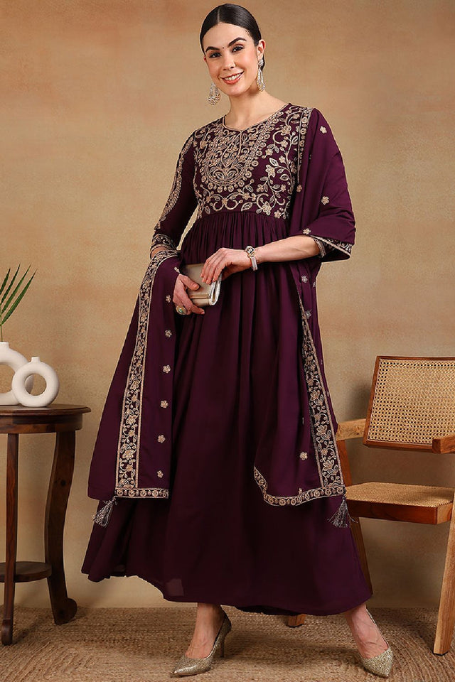 Maroon Poly Georgette Embroidered Anarkali Kurti Set
