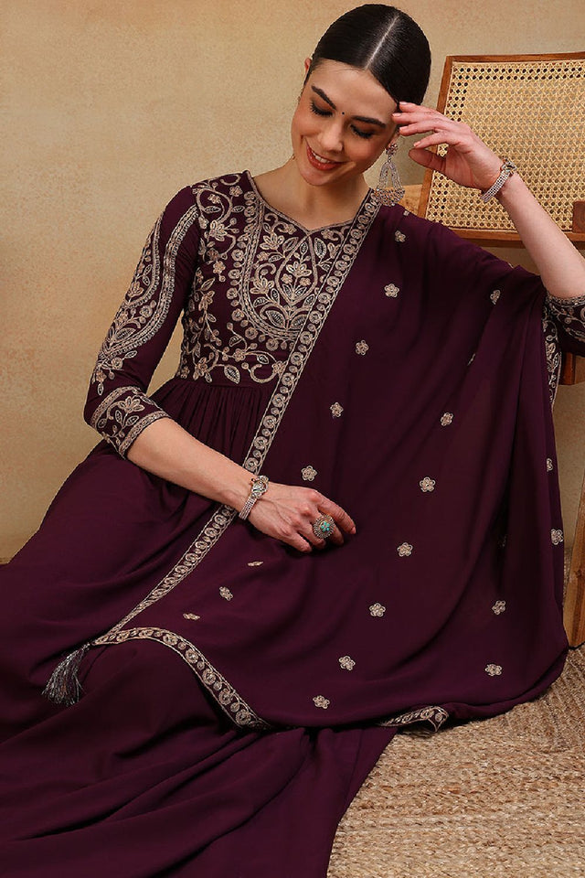Maroon Poly Georgette Embroidered Anarkali Kurti Set