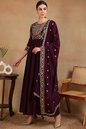 Maroon Poly Georgette Embroidered Anarkali Kurti Set