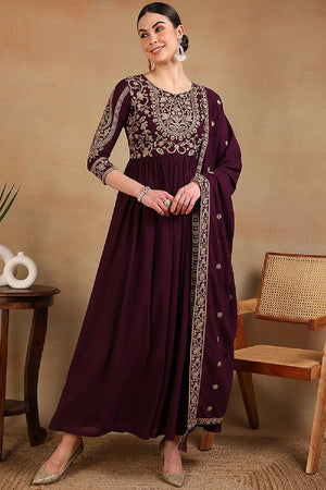 Maroon Poly Georgette Embroidered Anarkali Kurti Set