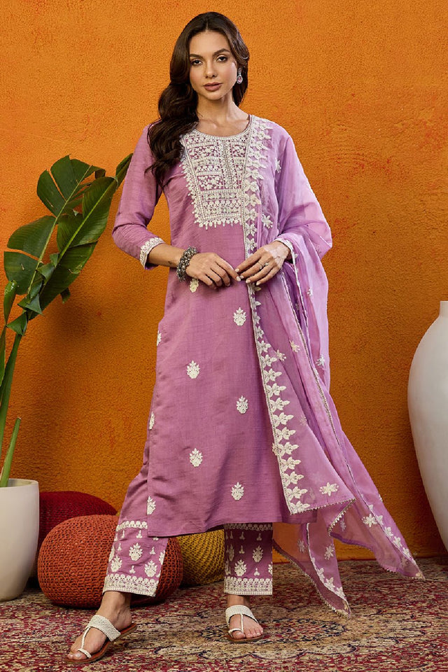 Pink Silk Blend Solid Embroidered Straight Cut Suit Set