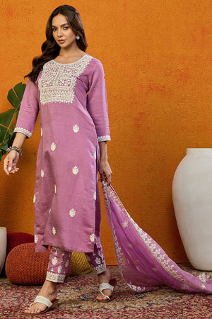 Pink Silk Blend Solid Embroidered Straight Cut Suit Set