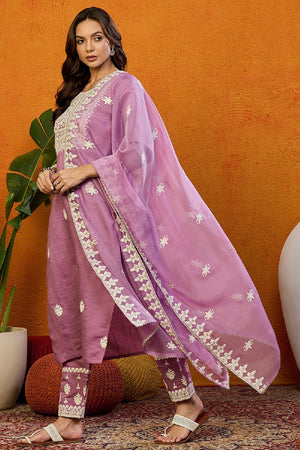 Pink Silk Blend Solid Embroidered Straight Cut Suit Set