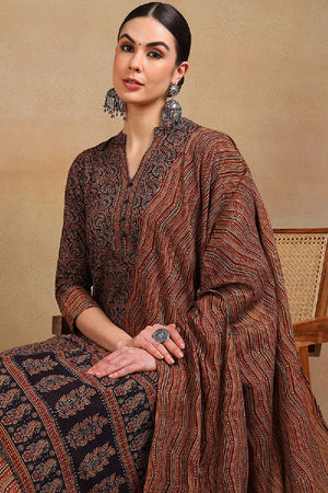 Navy Blue Rayon Blend Ethnic Motifs Printed Straight Cut Suit Set