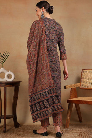 Navy Blue Rayon Blend Ethnic Motifs Printed Straight Cut Suit Set