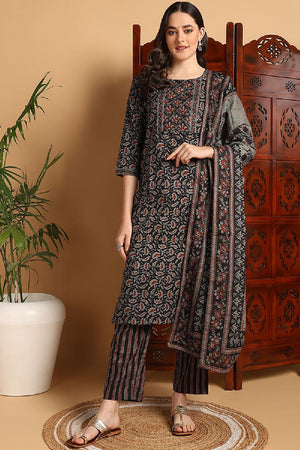 Black Pure Cotton Floral Printed Kurti Pant Set