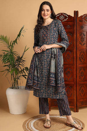 Blue Pure Cotton Floral Printed Kurti Pant Set