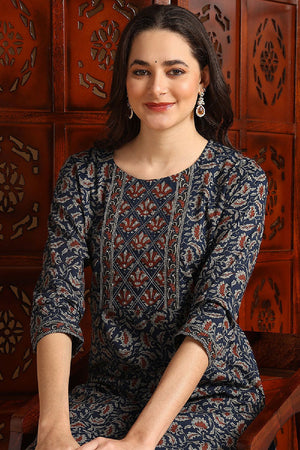 Blue Pure Cotton Floral Printed Kurti Pant Set
