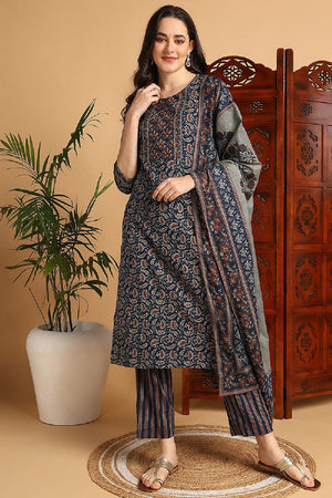 Blue Pure Cotton Floral Printed Kurti Pant Set