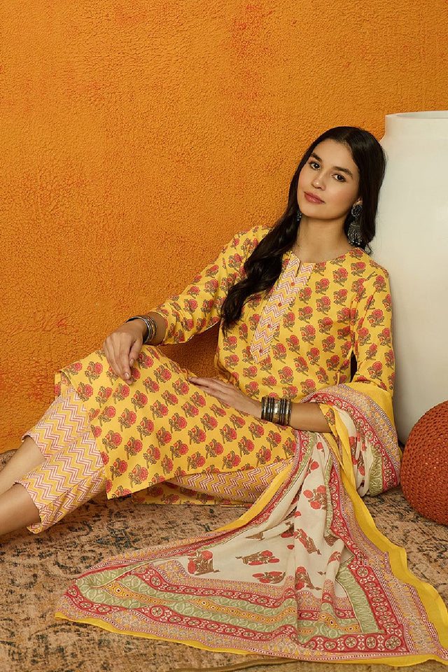Yellow Rayon Blend Floral Printed Straight Cut Suit Set