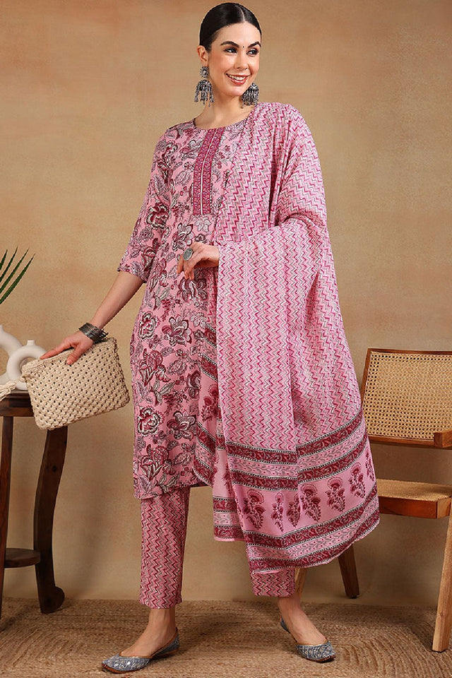 Pink Rayon Blend Floral Printed Straight Cut Suit Set