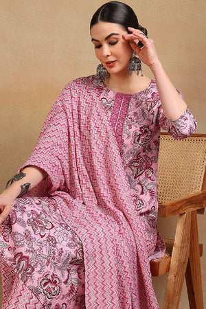 Pink Rayon Blend Floral Printed Straight Cut Suit Set