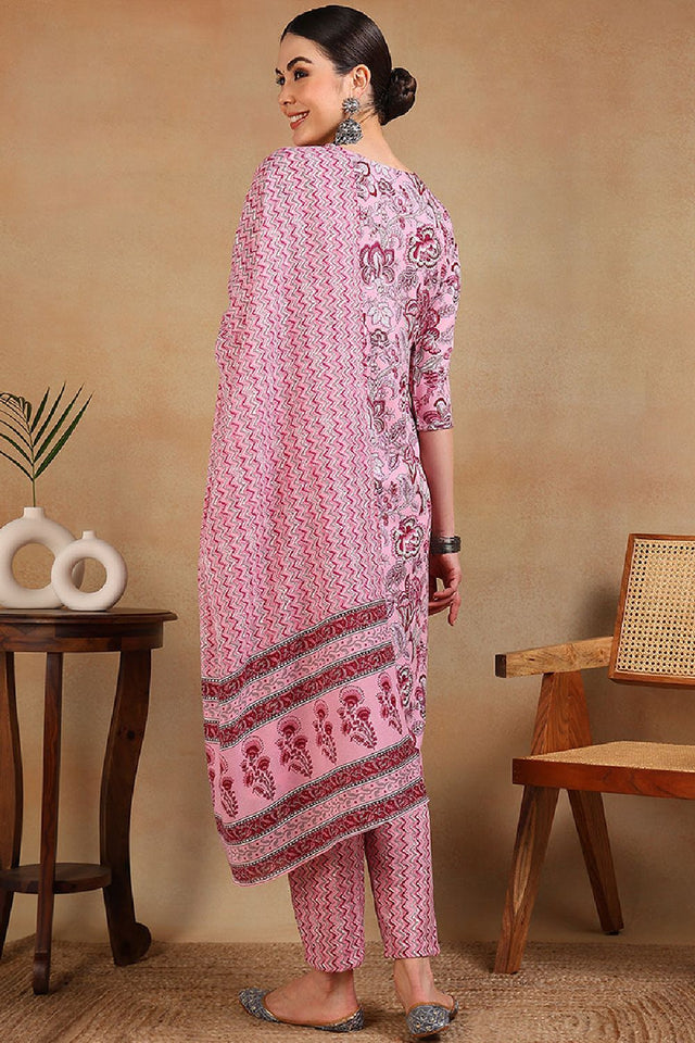 Pink Rayon Blend Floral Printed Straight Cut Suit Set