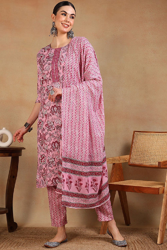 Pink Rayon Blend Floral Printed Straight Cut Suit Set