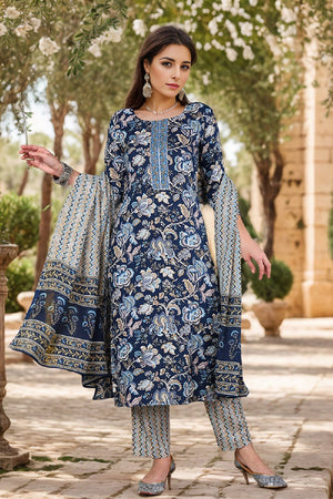 Blue Rayon Blend Floral Printed Straight Cut Suit Set