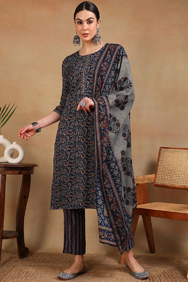 Blue Viscose Rayon Floral Embroidered Straight Cut Suit Set