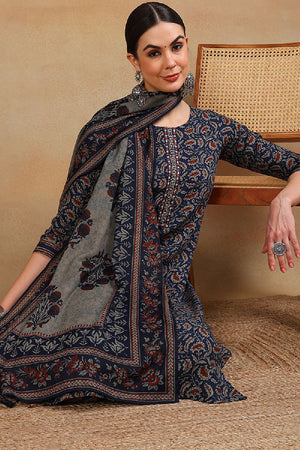 Blue Viscose Rayon Floral Embroidered Straight Cut Suit Set