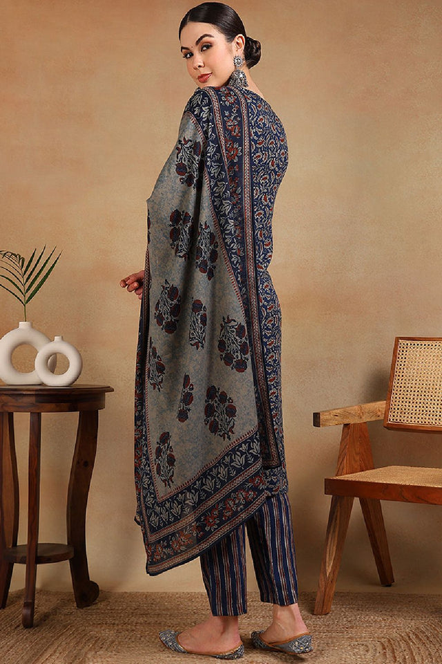 Blue Viscose Rayon Floral Embroidered Straight Cut Suit Set