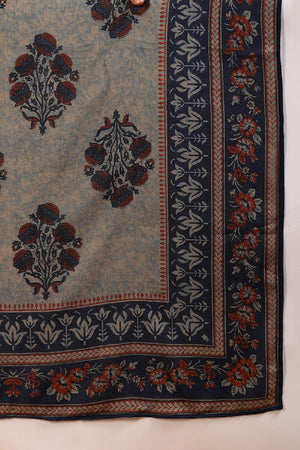 Blue Viscose Rayon Floral Embroidered Straight Cut Suit Set