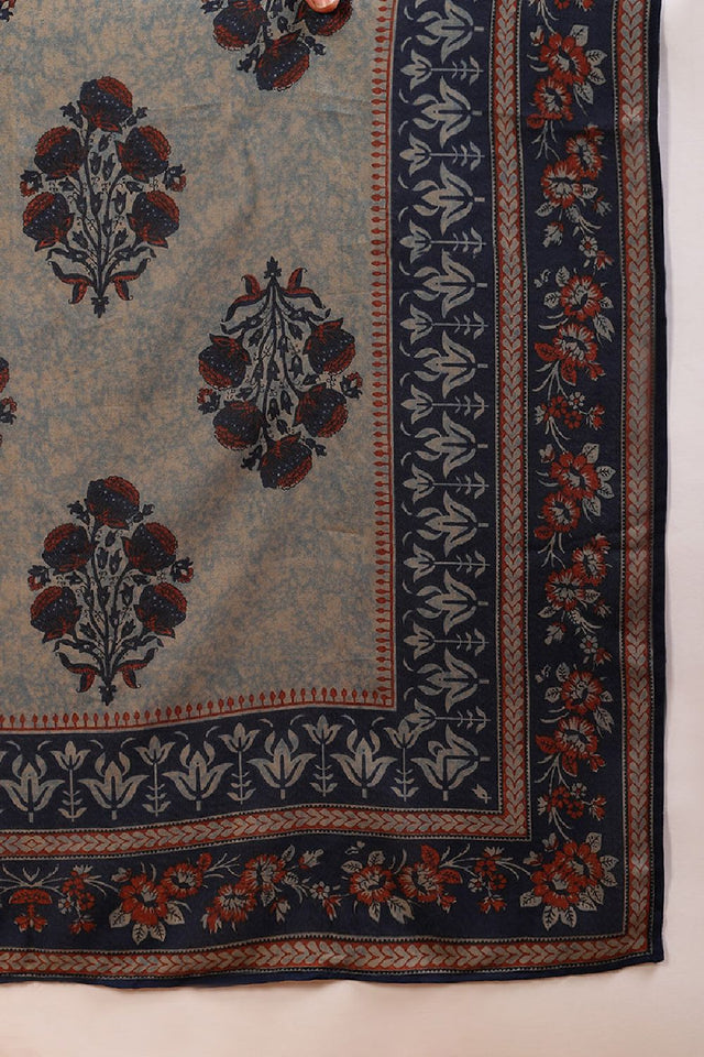 Blue Viscose Rayon Floral Embroidered Straight Cut Suit Set