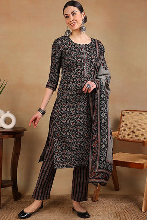 Black Viscose Rayon Floral Embroidered Straight Cut Suit Set