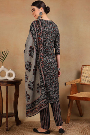 Black Viscose Rayon Floral Embroidered Straight Cut Suit Set