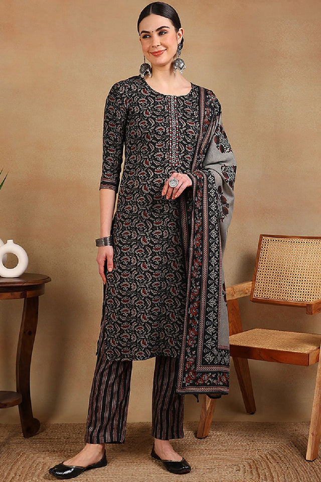 Black Viscose Rayon Floral Embroidered Straight Cut Suit Set