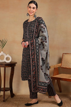 Black Viscose Rayon Floral Embroidered Straight Cut Suit Set