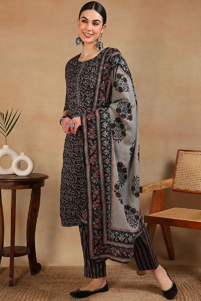 Black Viscose Rayon Floral Embroidered Straight Cut Suit Set