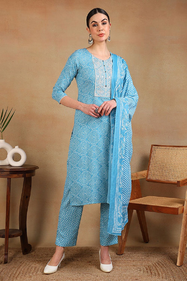 Blue Viscose Rayon Bandhani Embroidered Straight Cut Suit Set