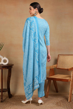 Blue Viscose Rayon Bandhani Embroidered Straight Cut Suit Set