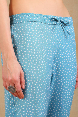 Blue Viscose Rayon Bandhani Embroidered Straight Cut Suit Set