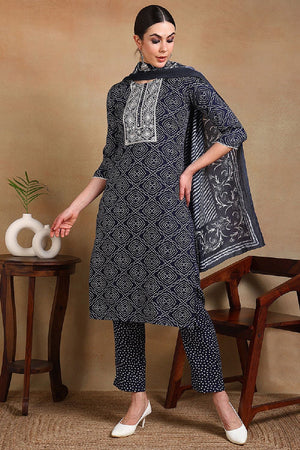 Navy Blue Rayon Blend Bandhani Printed Straight Cut Suit Set