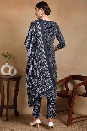 Navy Blue Rayon Blend Bandhani Printed Straight Cut Suit Set