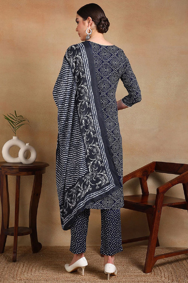 Navy Blue Rayon Blend Bandhani Printed Straight Cut Suit Set