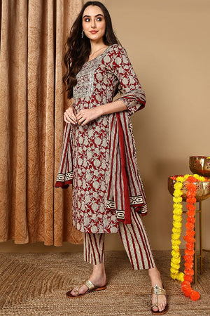 Maroon Rayon Blend Embroidered Floral Printed Straight Cut Suit Set