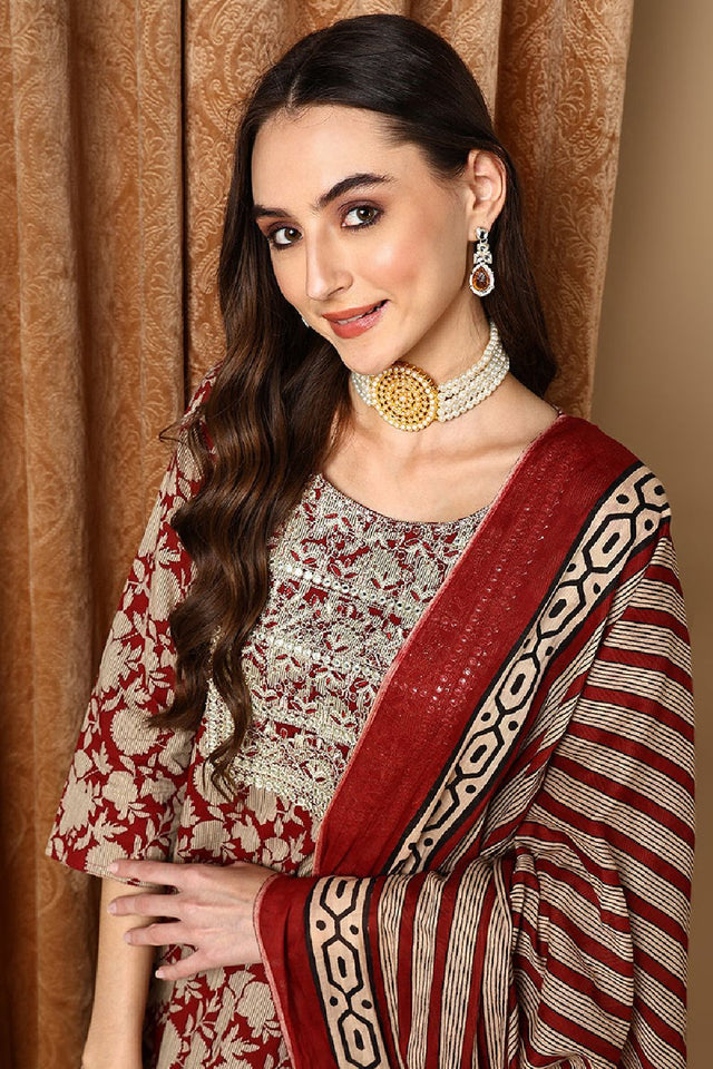 Maroon Rayon Blend Embroidered Floral Printed Straight Cut Suit Set