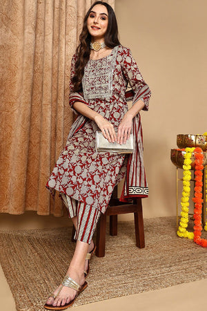 Maroon Rayon Blend Embroidered Floral Printed Straight Cut Suit Set