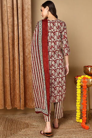 Maroon Rayon Blend Embroidered Floral Printed Straight Cut Suit Set