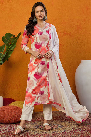 White Cotton Blend Floral Printed Straight Cut Suit Set