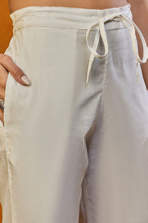 White Cotton Blend Floral Printed Straight Cut Suit Set