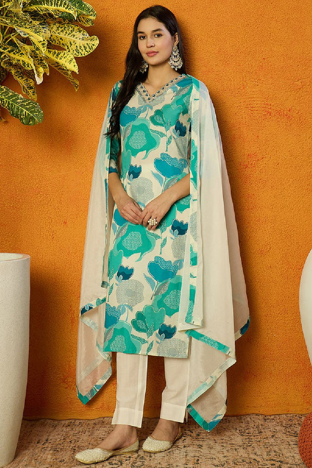White Cotton Blend Floral Printed Straight Cut Suit Set