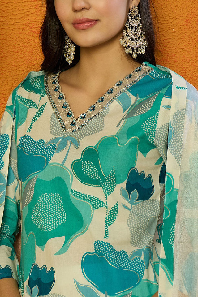 White Cotton Blend Floral Printed Straight Cut Suit Set