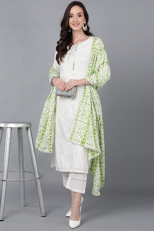 Green Rayon Blend Solid Embroidered Straight Cut Suit Set