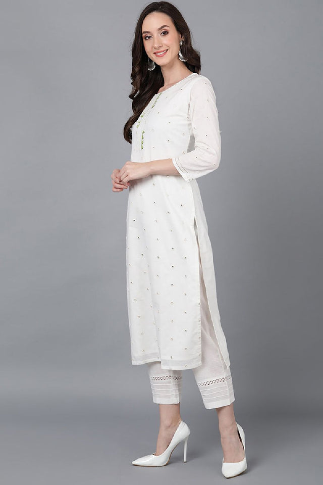 Green Rayon Blend Solid Embroidered Straight Cut Suit Set