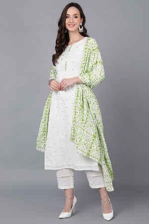 Green Rayon Blend Solid Embroidered Straight Cut Suit Set