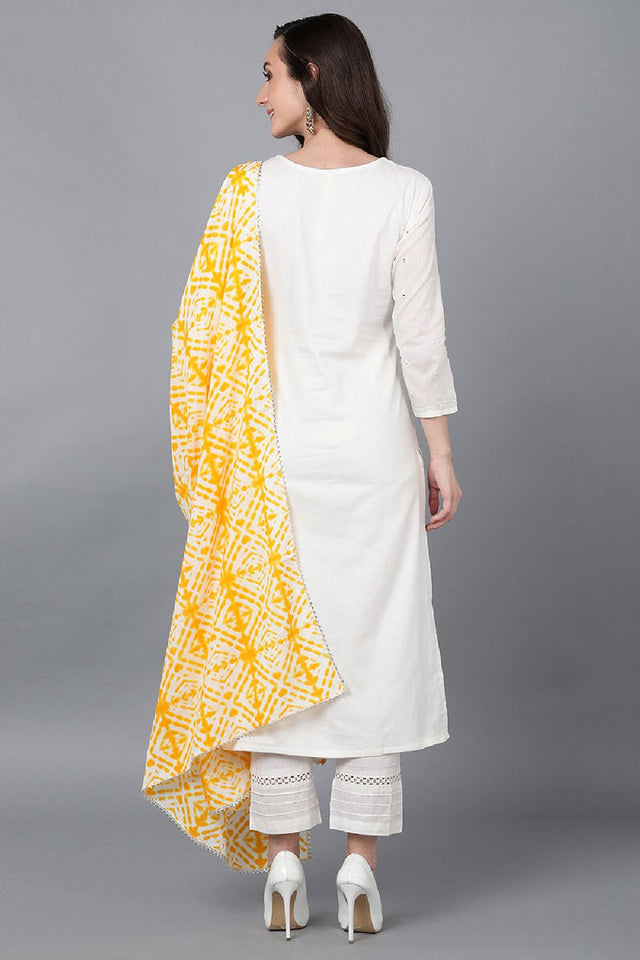 Yellow Rayon Blend Solid Embroidered Straight Cut Suit Set