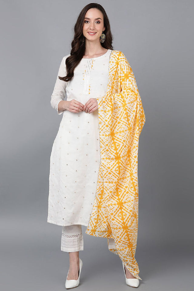 Yellow Rayon Blend Solid Embroidered Straight Cut Suit Set