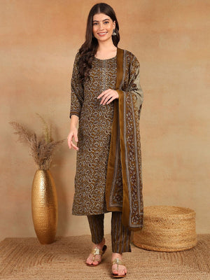 Brown Cotton Blend Ethnic Motifs Printed Straight Kurti Pant With Dupatta